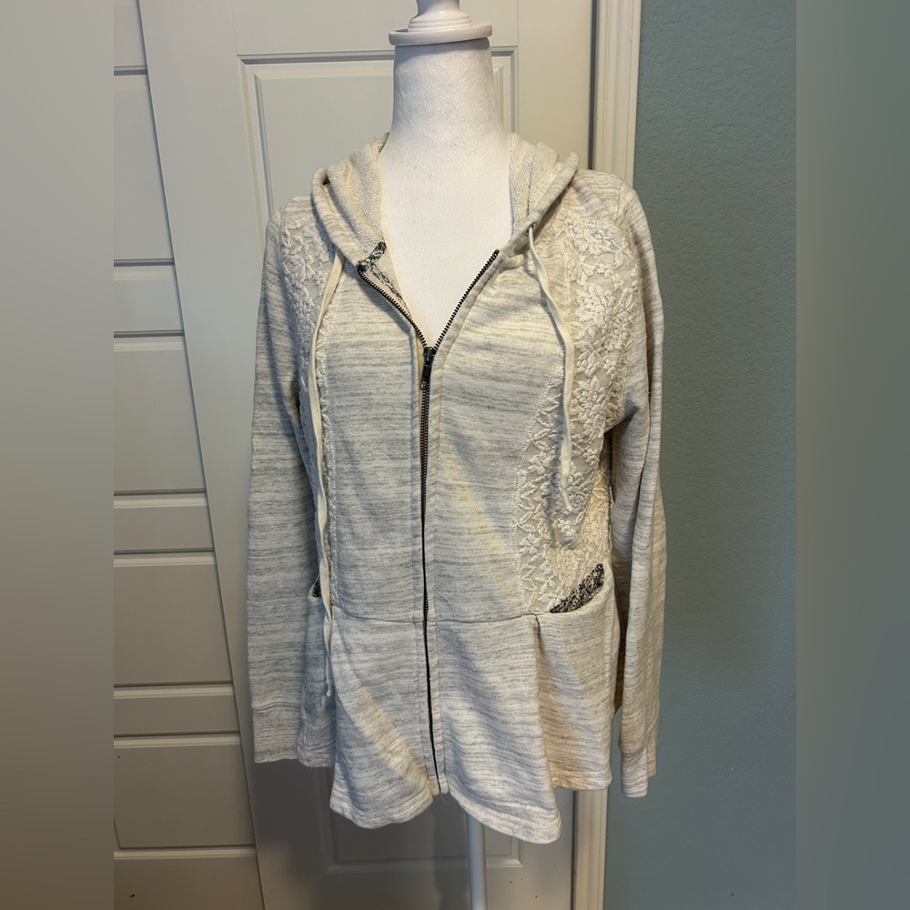 ANTHROPOLOGIE SATURDAY SUNDAY Heather Cream Peplum Zip-up Hoodie with Lace XL